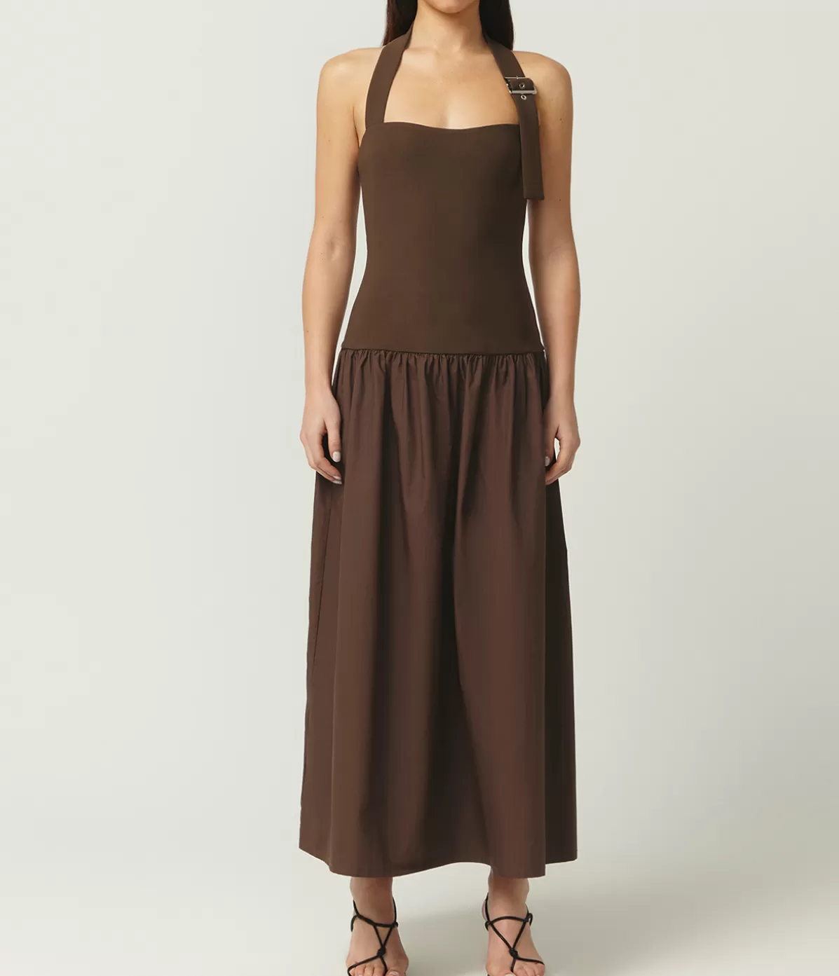 Maison Essentiele Buckle Halter Dress in Chocolate Sale