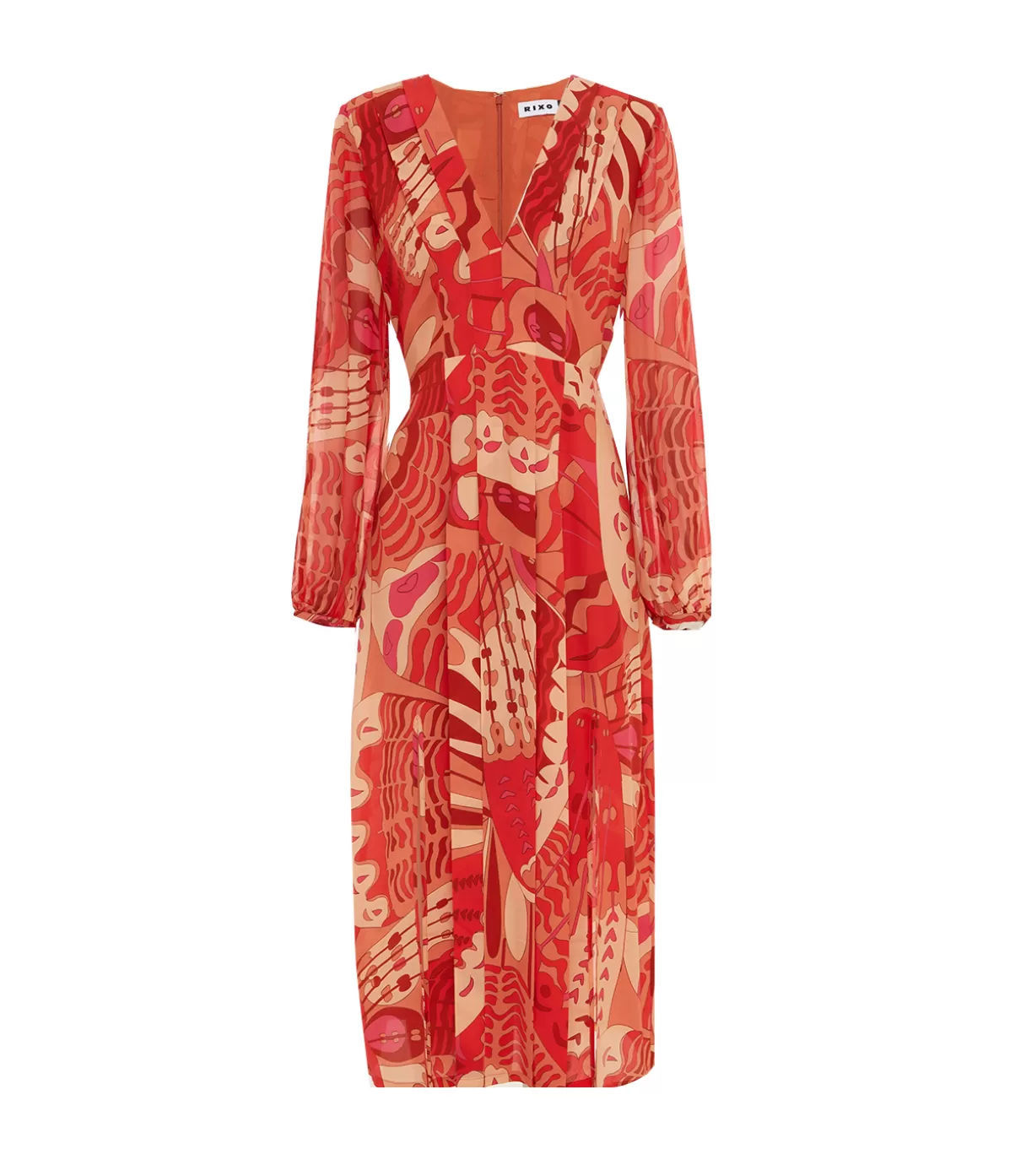 Rixo Camellia Silk Longsleeve Dress in Butterfly Red Shop