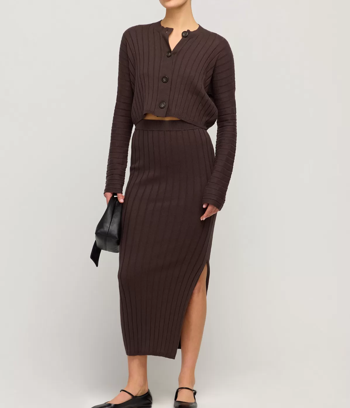 Lee Mathews Cotton Cashmere Ribbed Skirt in Chocolate Store