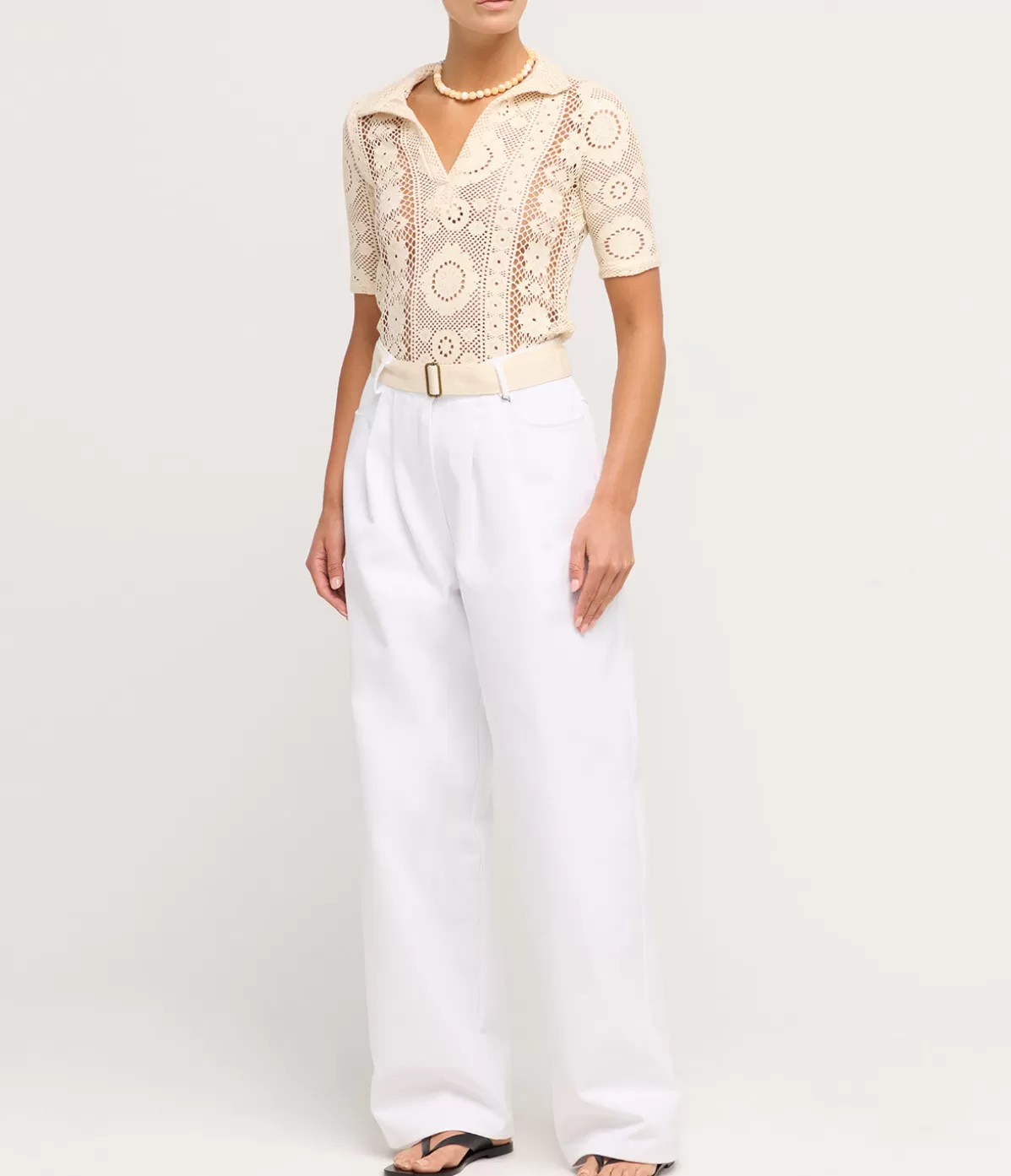 Albus Lumen Crochet Polo Top in Creme Fashion