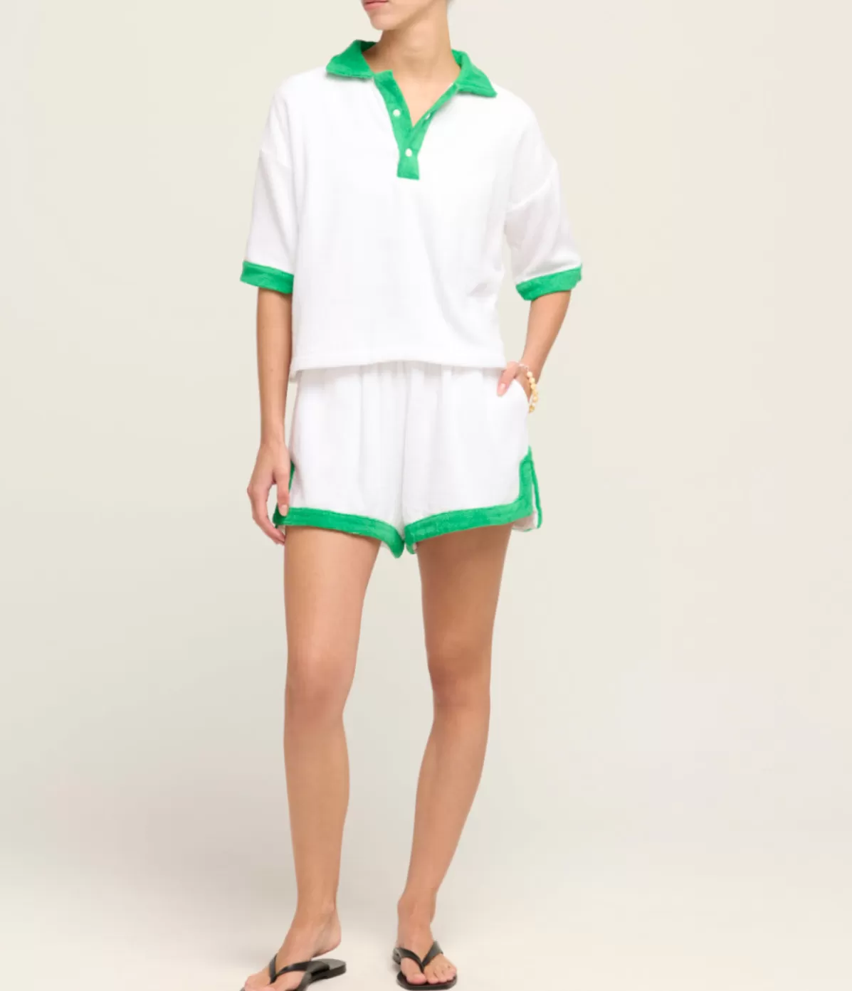 TERRY. Estate Towelling Tee in Bianco with Verde Trim Cheap