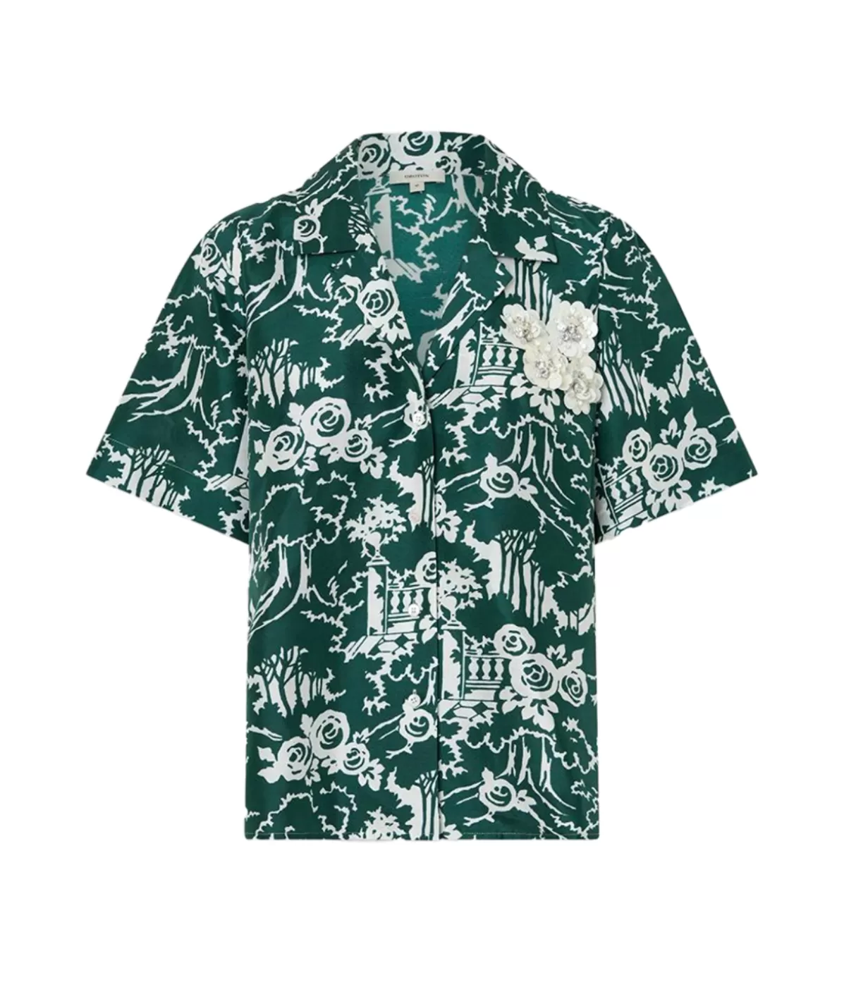 Oroton Garden Toile Embellished Camp Shirt in Ivy Best