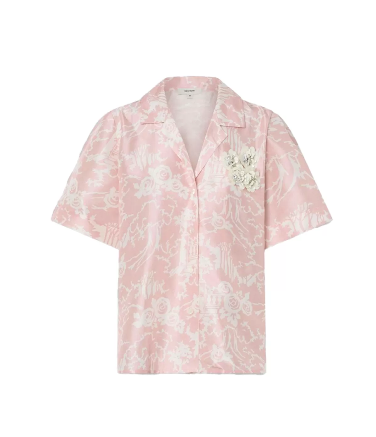 Oroton Garden Toile Embellished Camp Shirt in Peony Hot