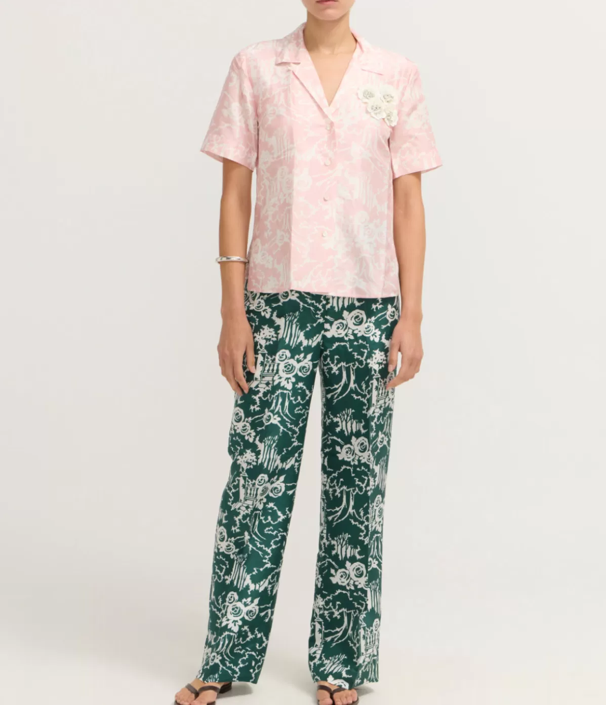 Oroton Garden Toile Embellished Camp Shirt in Peony Hot