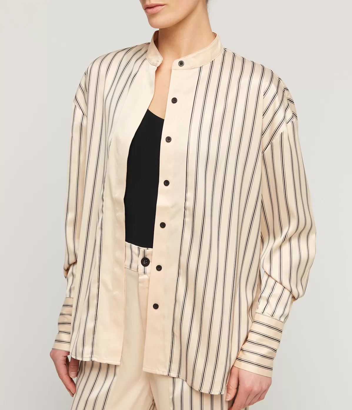 Solaqua Gio Thin Triple Stripe Silk Shirt in Black and Ecru New