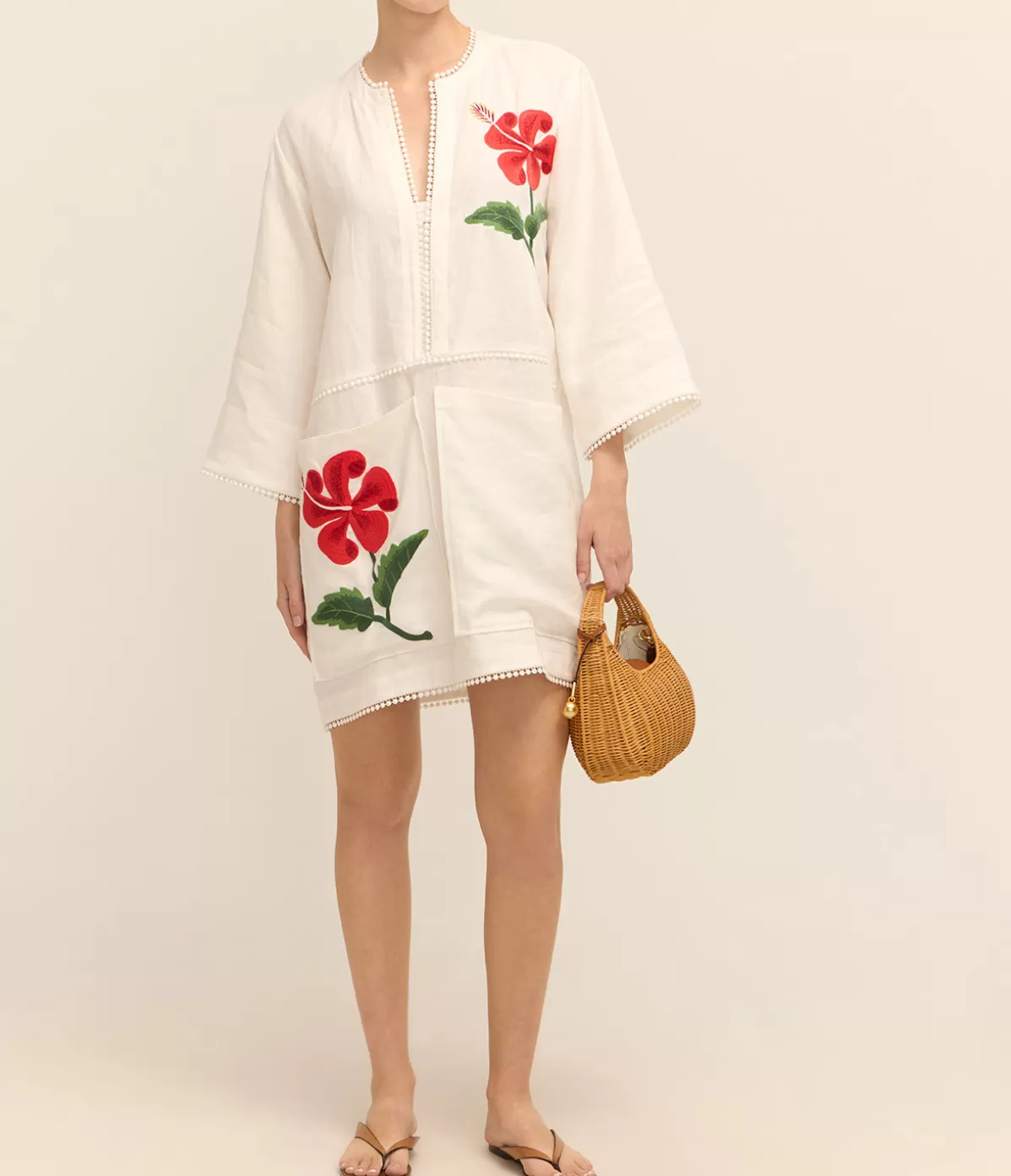 Oroton Hibiscus Embroidered Tunic Dress in Antique White Best Sale