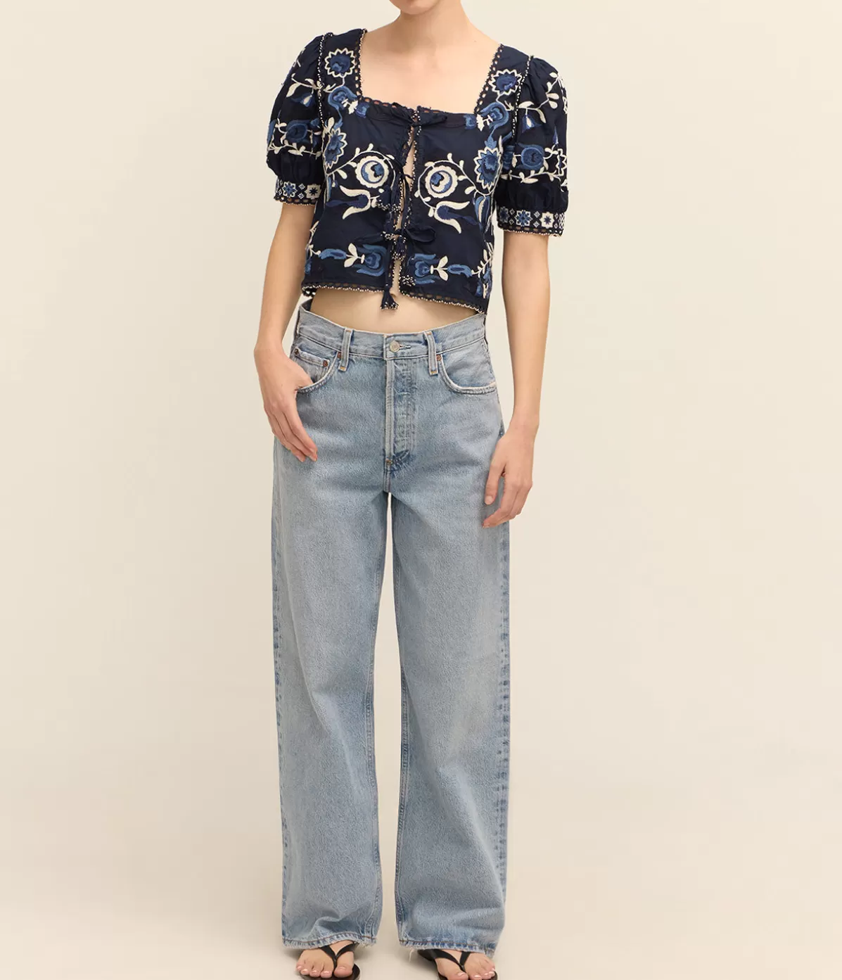 Sea NY Inga Embroidery Puff Sleeve Top in Navy Flash Sale