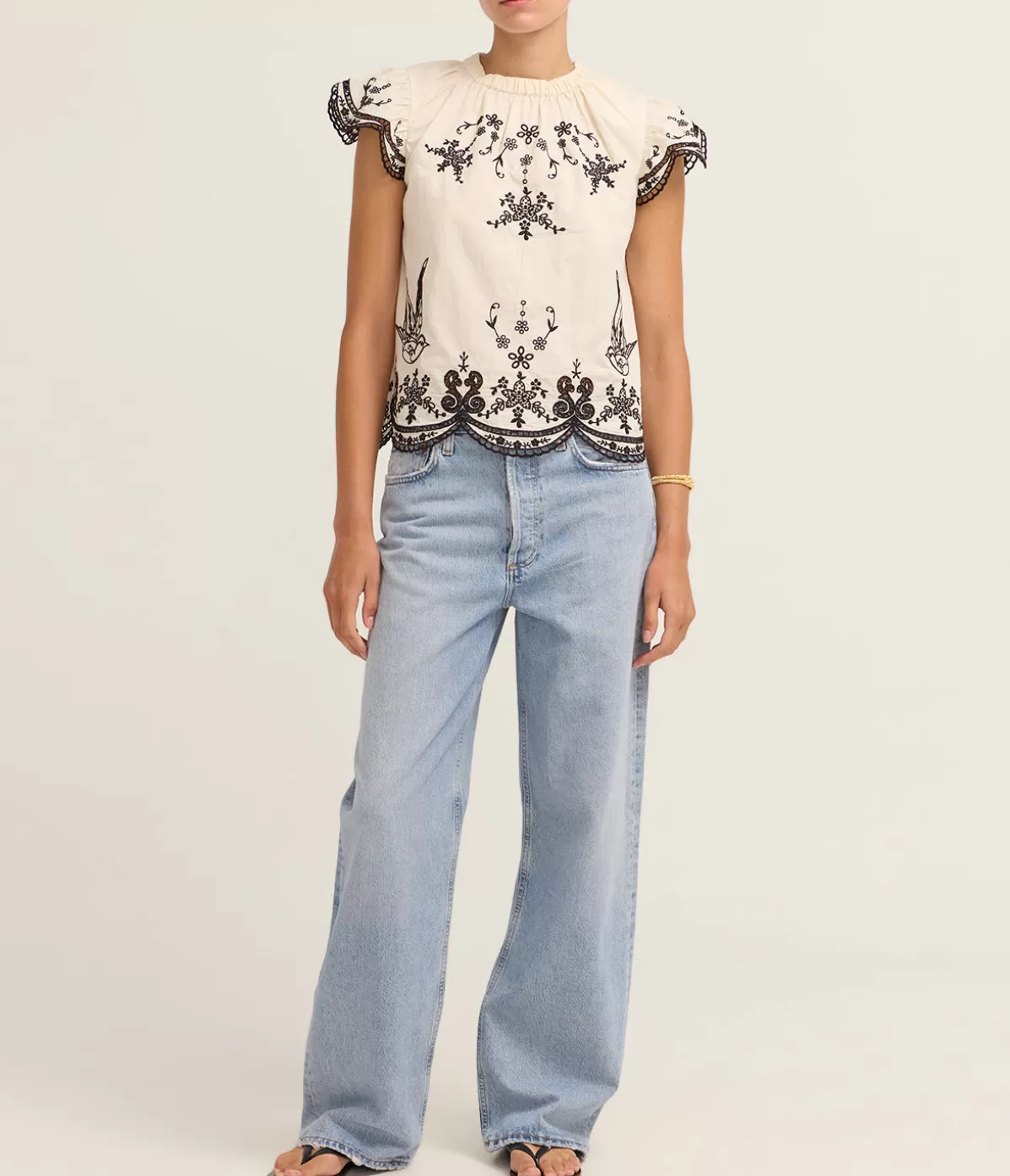 Sea NY Kingsley Embroidery Flutter Sleeve Top in Cream Best