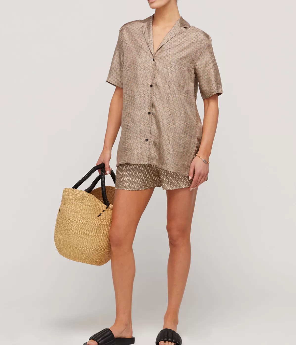 Esse Studios Linka Short Sleeve Silk Shirt in Golden Linka Fashion