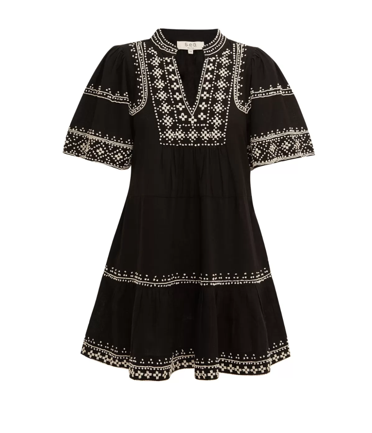 Sea NY Millie Embroidery Short Sleeve Tunic Dress in Black Clearance