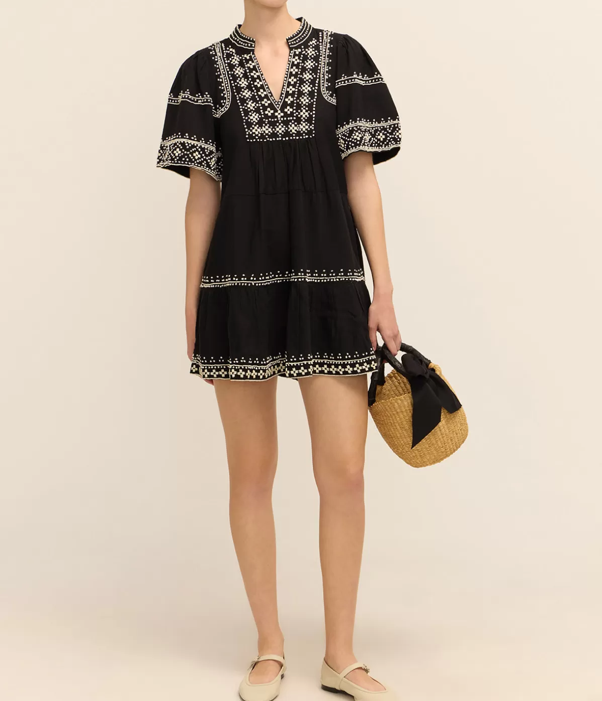 Sea NY Millie Embroidery Short Sleeve Tunic Dress in Black Clearance