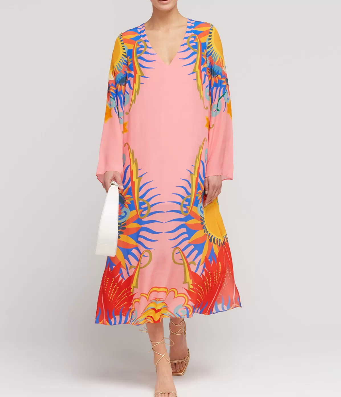 Borgo De Nor Phoenix Silk Crepe V-neck Midi Dress in Sun Goddess Best