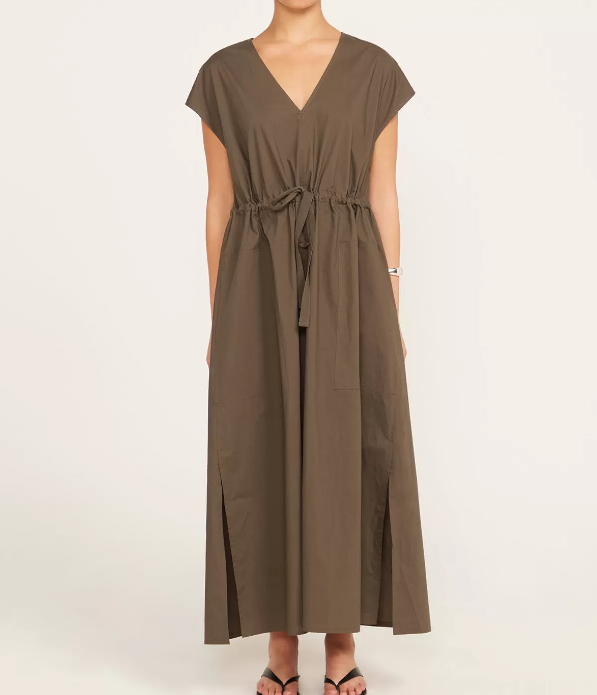 Lee Mathews Poplin V Neck Dress in Olive Shop