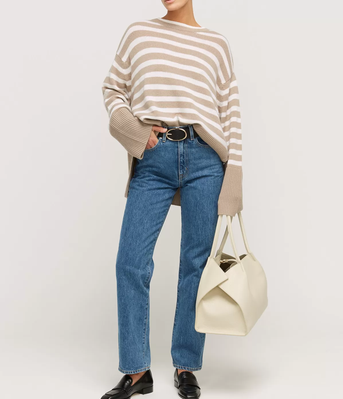 Allude Round Neck Wool and Cashmere Sweater in Sand Stripe Cheap