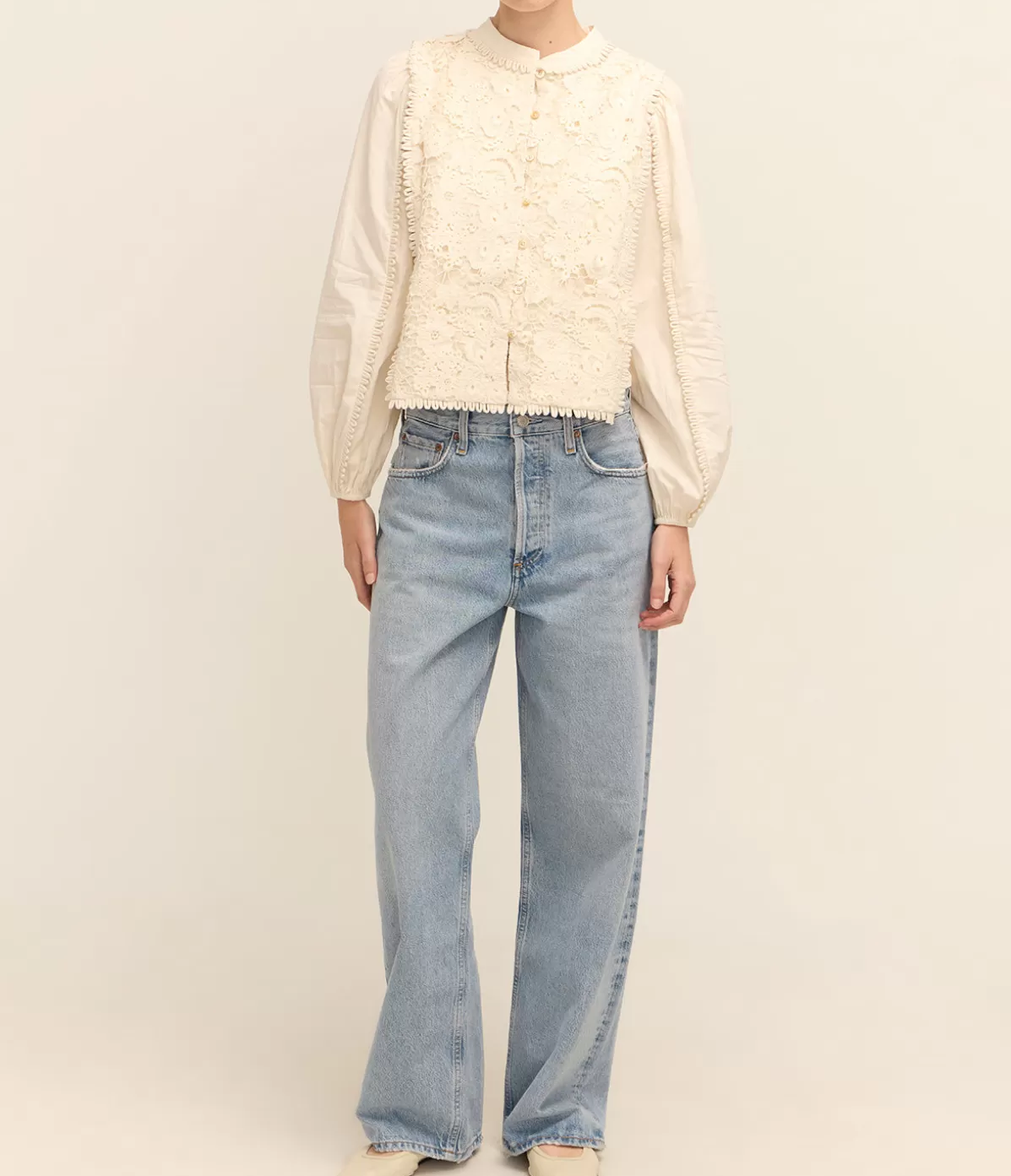 Sea NY Sabine Embroidery Long Sleeve Top in Cream Outlet