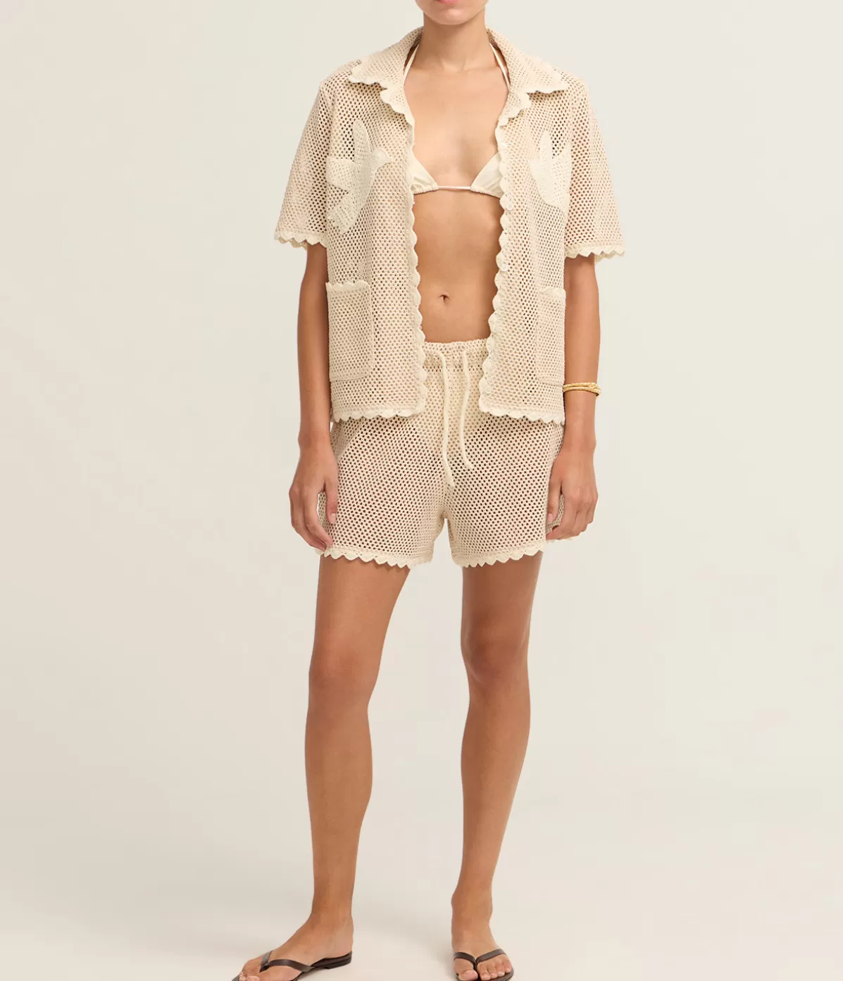 Sea NY Sally Crochet Short Sleeve Shirt in Tan Outlet