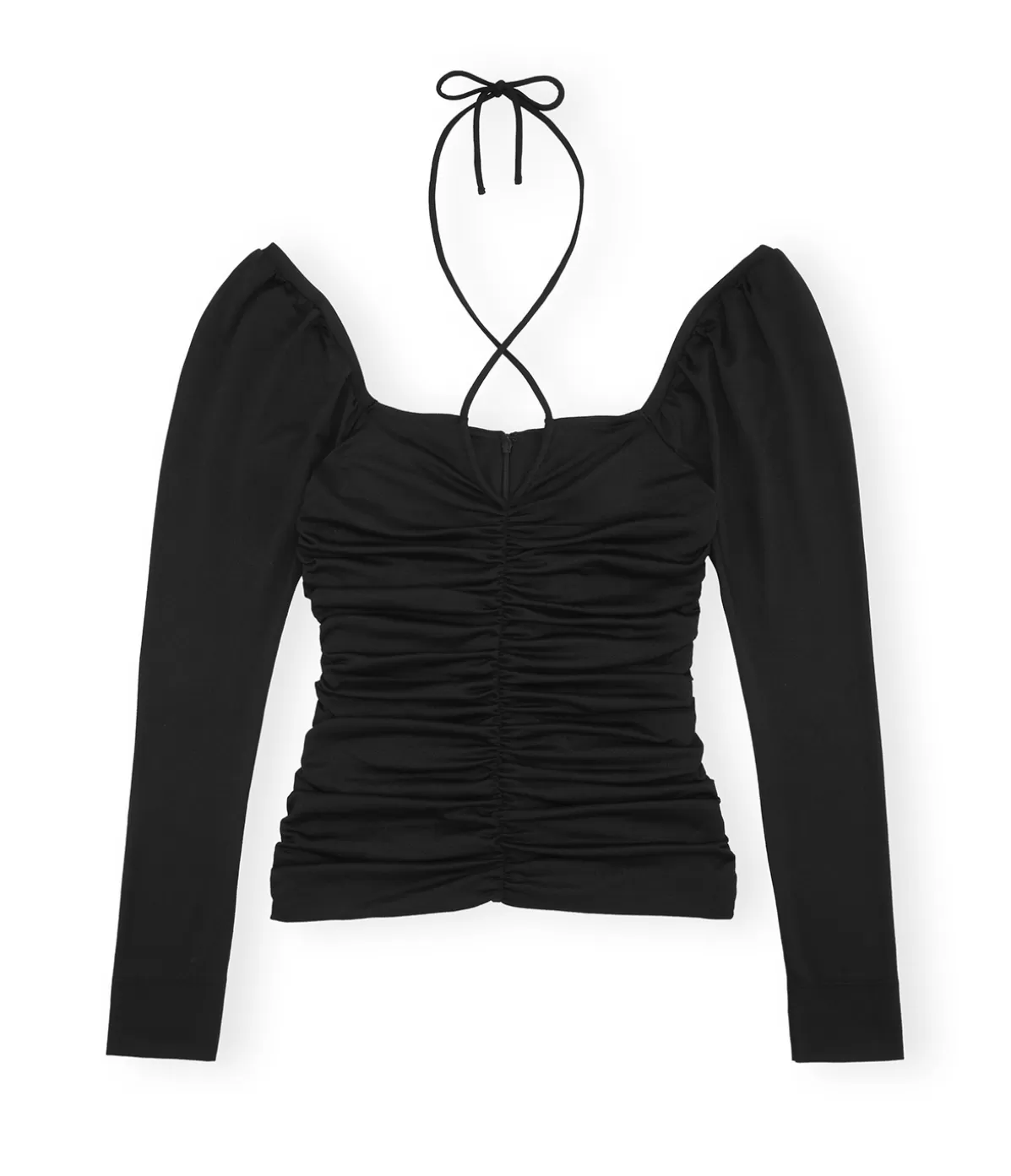 Ganni Shiny Crepe Jersey Ruched Blouse in Black New