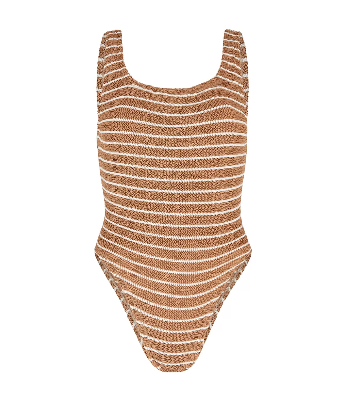 Hunza G Square Neck Striped Swimsuit in Metallic Cocoa and White Sale