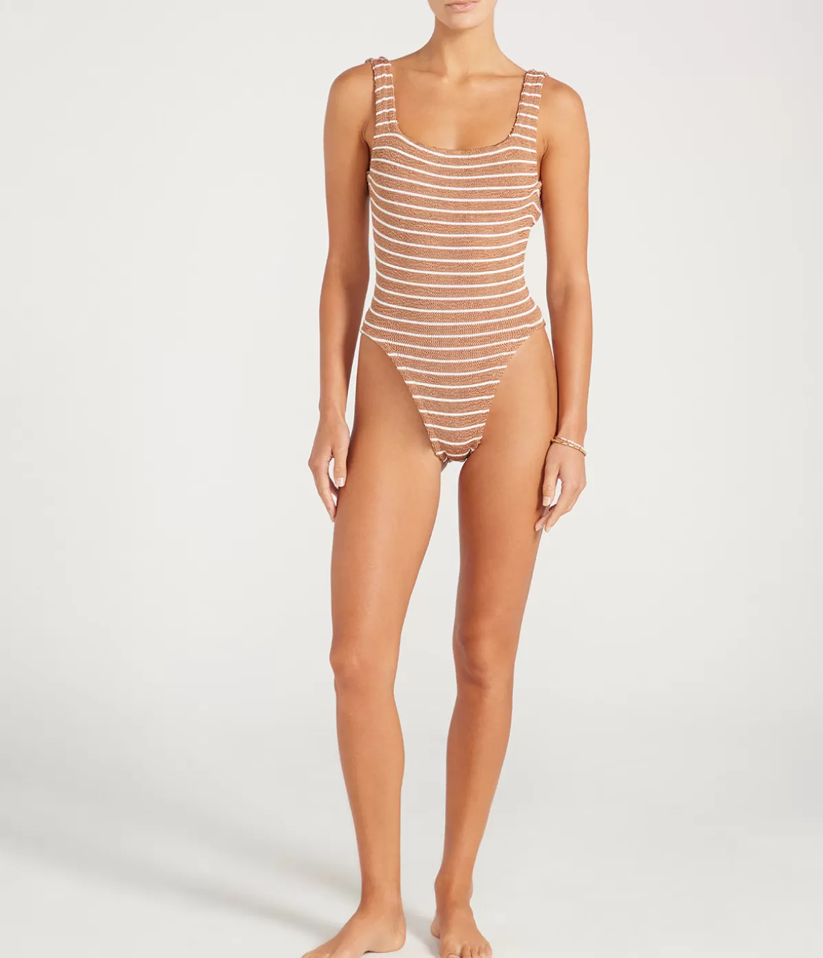 Hunza G Square Neck Striped Swimsuit in Metallic Cocoa and White Sale