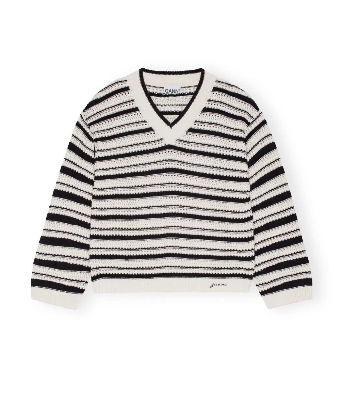 Ganni Striped Cotton Pointelle V-neck Store