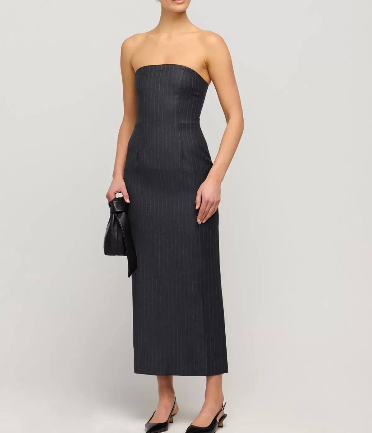 Wynn Hamlyn Tandi Wool Midi Dress in Grey Pinstripe Hot