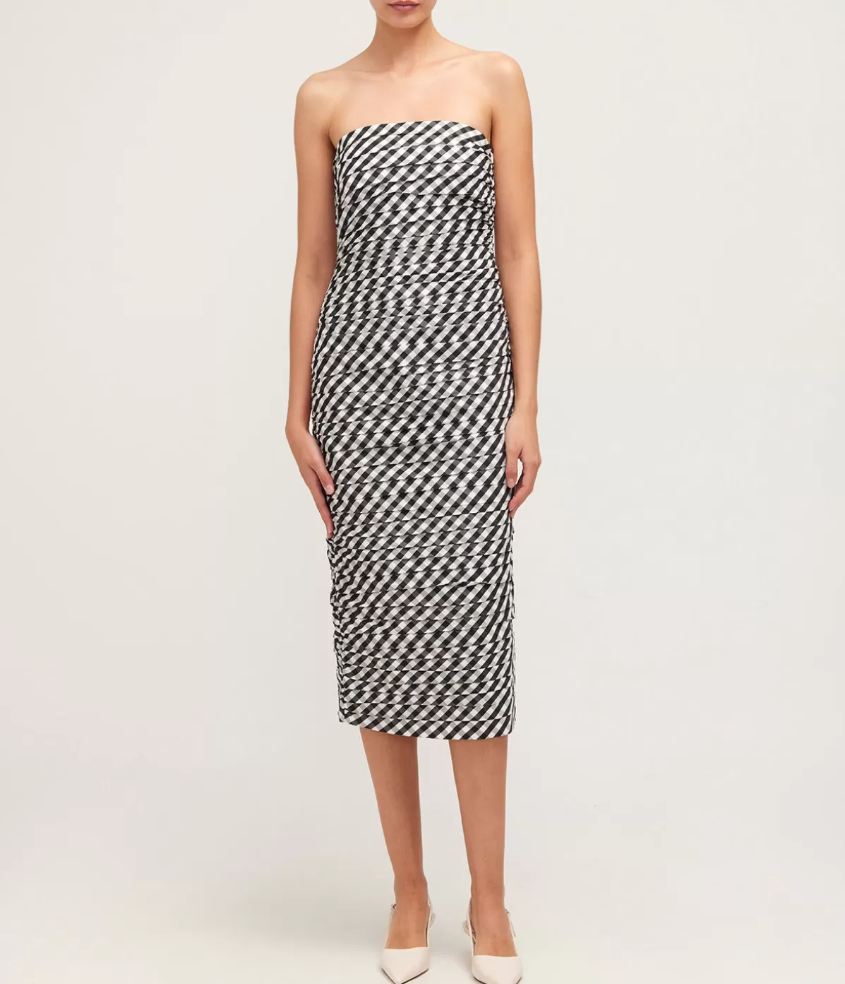 Bernadette Tia Fitted Strapless Midi Dress in Black Gingham Best Sale