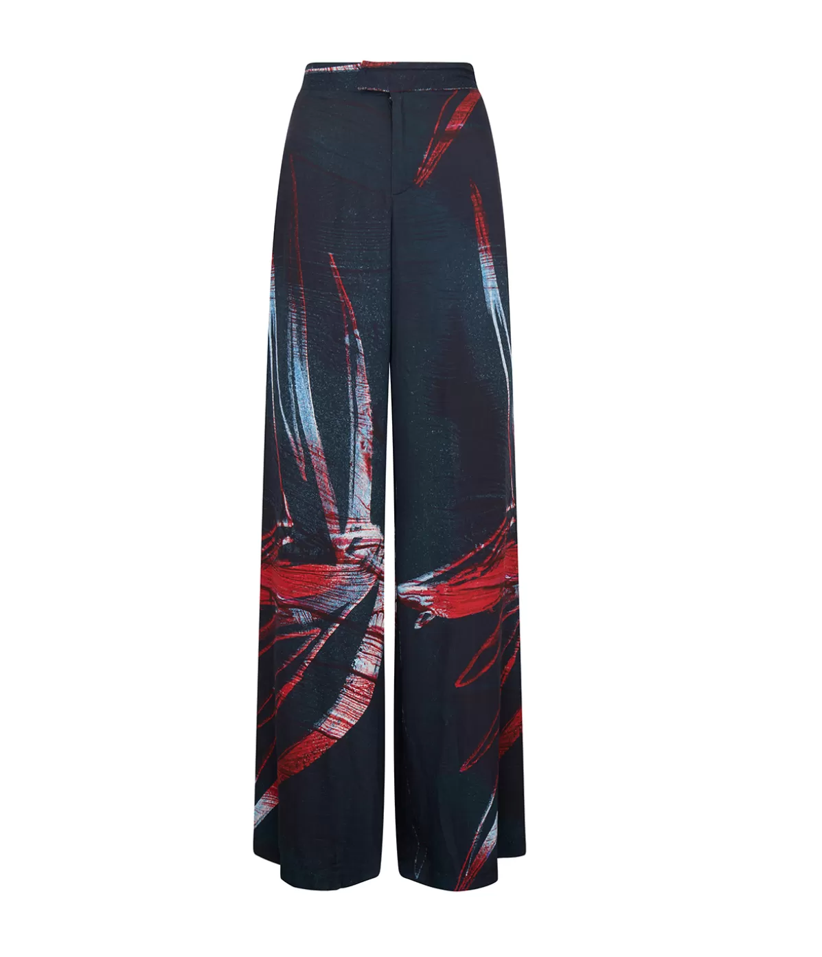 Louisa Ballou Wide Leg Silk Satin Pant in Red Silver Flower Fashion