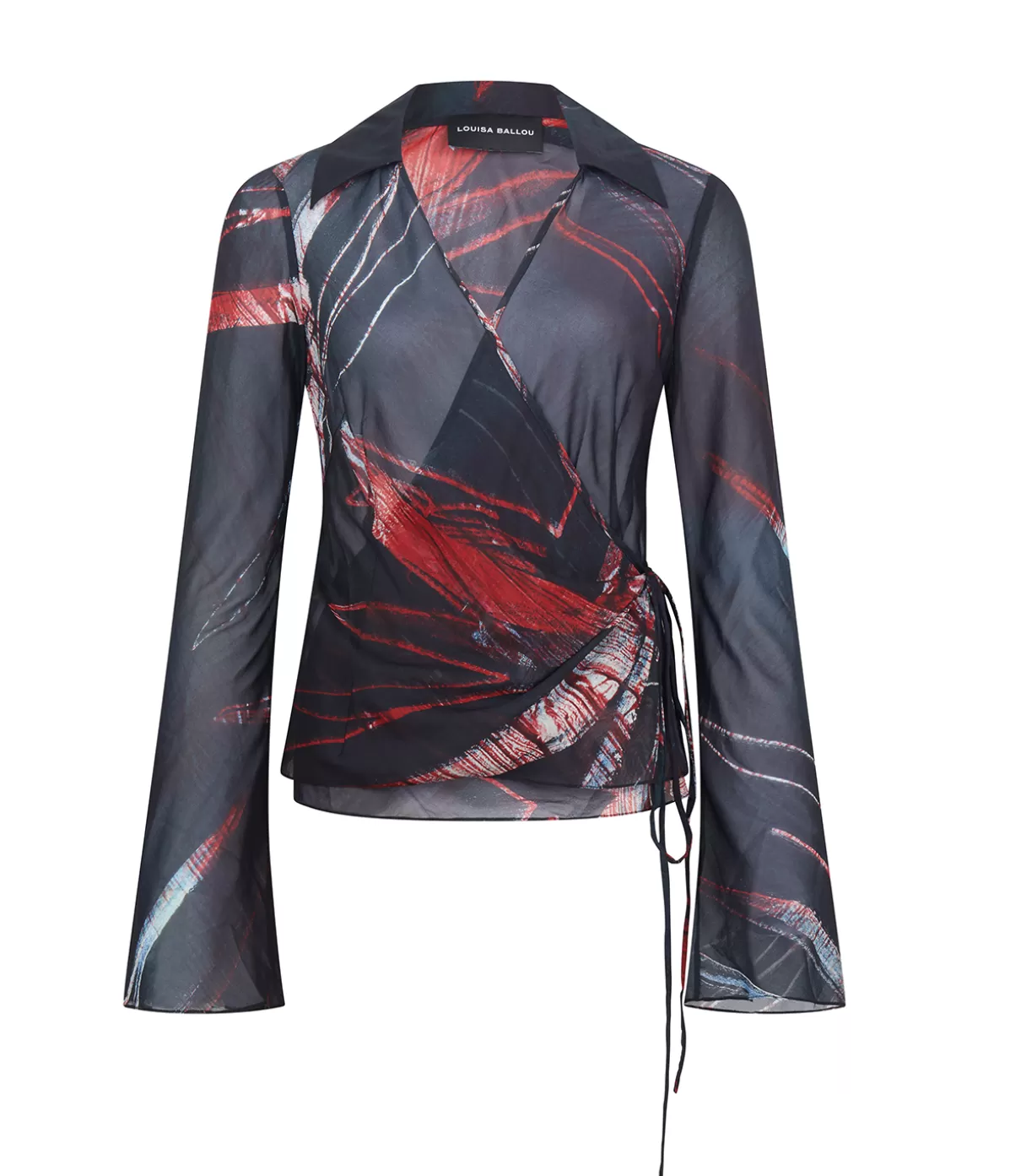 Louisa Ballou Wrap Silk Shirt in Red Silver Flower Online